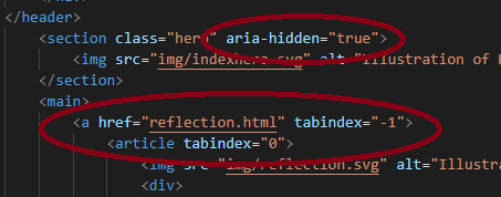 Screenshot of the website code that shows examples of 'aria-hidden' and 'tabindex'.